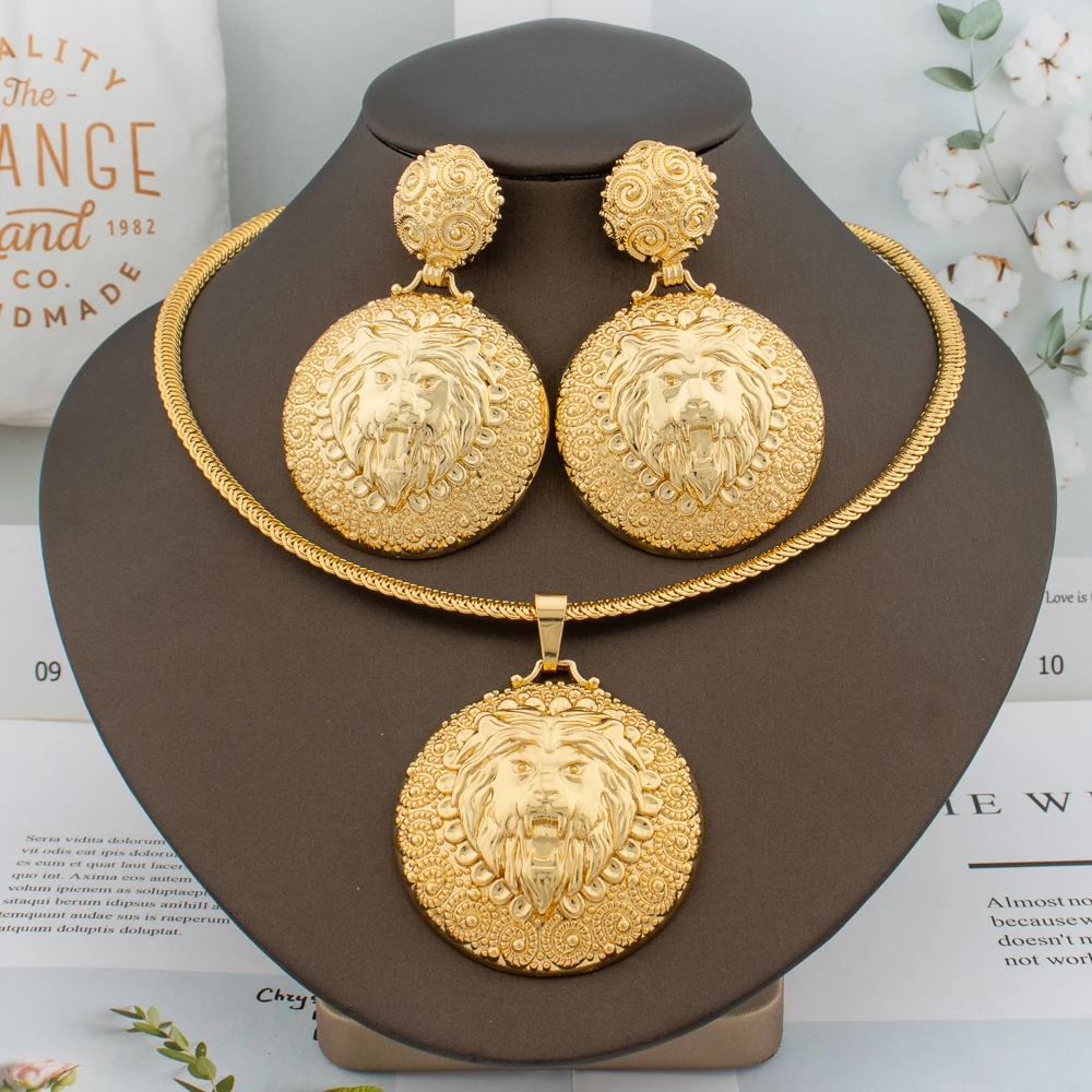 Brazilian  Plated Big Jewelry Set for Women Bold Design Large Earrings Necklace Dubai African 2Pcs Set Wedding Gift
