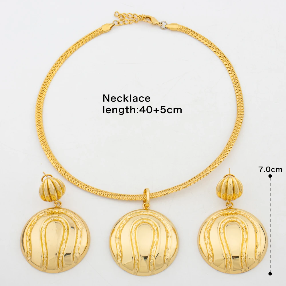 Brazilian  Plated Big Jewelry Set for Women Bold Design Large Earrings Necklace Dubai African 2Pcs Set Wedding Gift