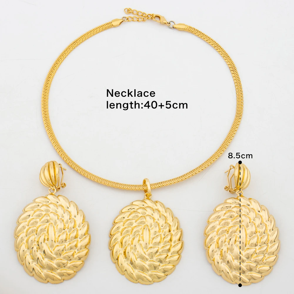 Brazilian  Plated Big Jewelry Set for Women Bold Design Large Earrings Necklace Dubai African 2Pcs Set Wedding Gift