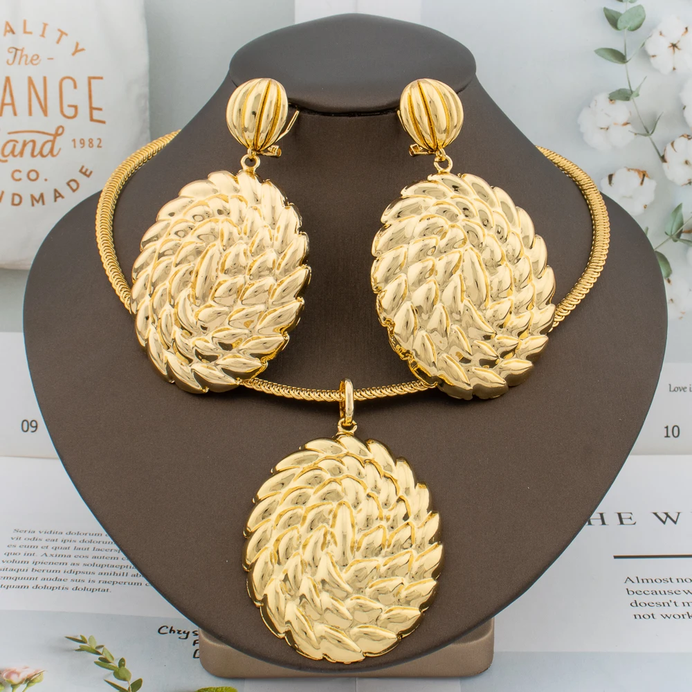 Brazilian  Plated Big Jewelry Set for Women Bold Design Large Earrings Necklace Dubai African 2Pcs Set Wedding Gift