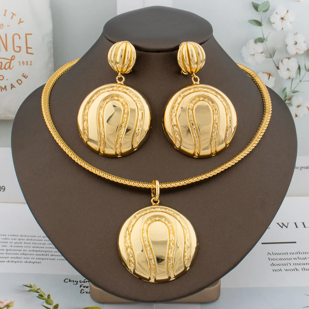 Brazilian  Plated Big Jewelry Set for Women Bold Design Large Earrings Necklace Dubai African 2Pcs Set Wedding Gift