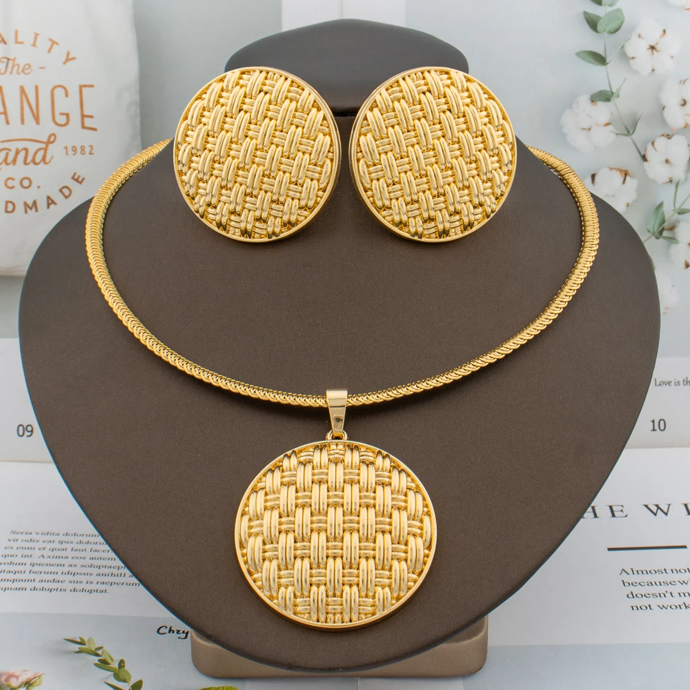 Brazilian  Plated Big Jewelry Set for Women Bold Design Large Earrings Necklace Dubai African 2Pcs Set Wedding Gift