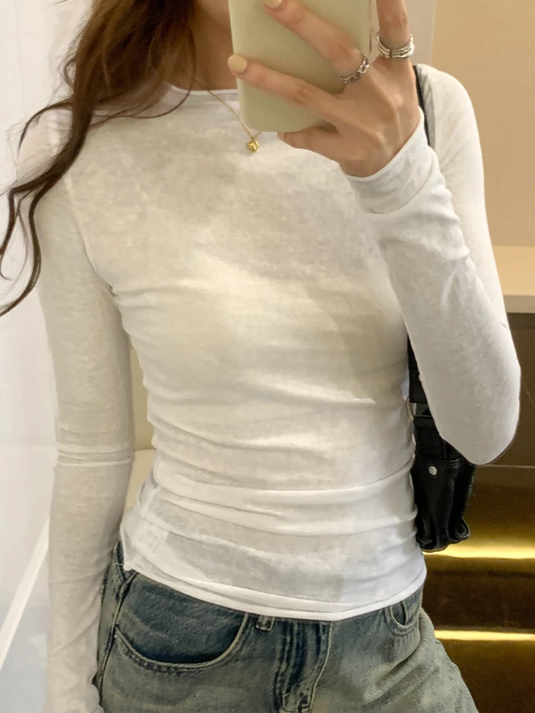 Spring Autumn T Shirt Women Tops Solid Long Sleeve Ruched O Neck Tshirts Female Korean Casual Streetwear High Quality Base Tees