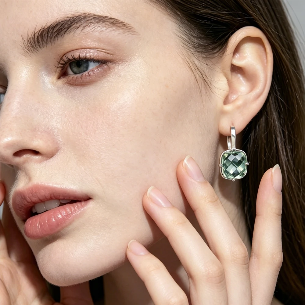 Trendy Green Amethyst Earrings Sterling 925 Silver Gemstone Cushiom Cut 10mm 7Ct Fine Jewelry for Women Lady Party Birthday Gift