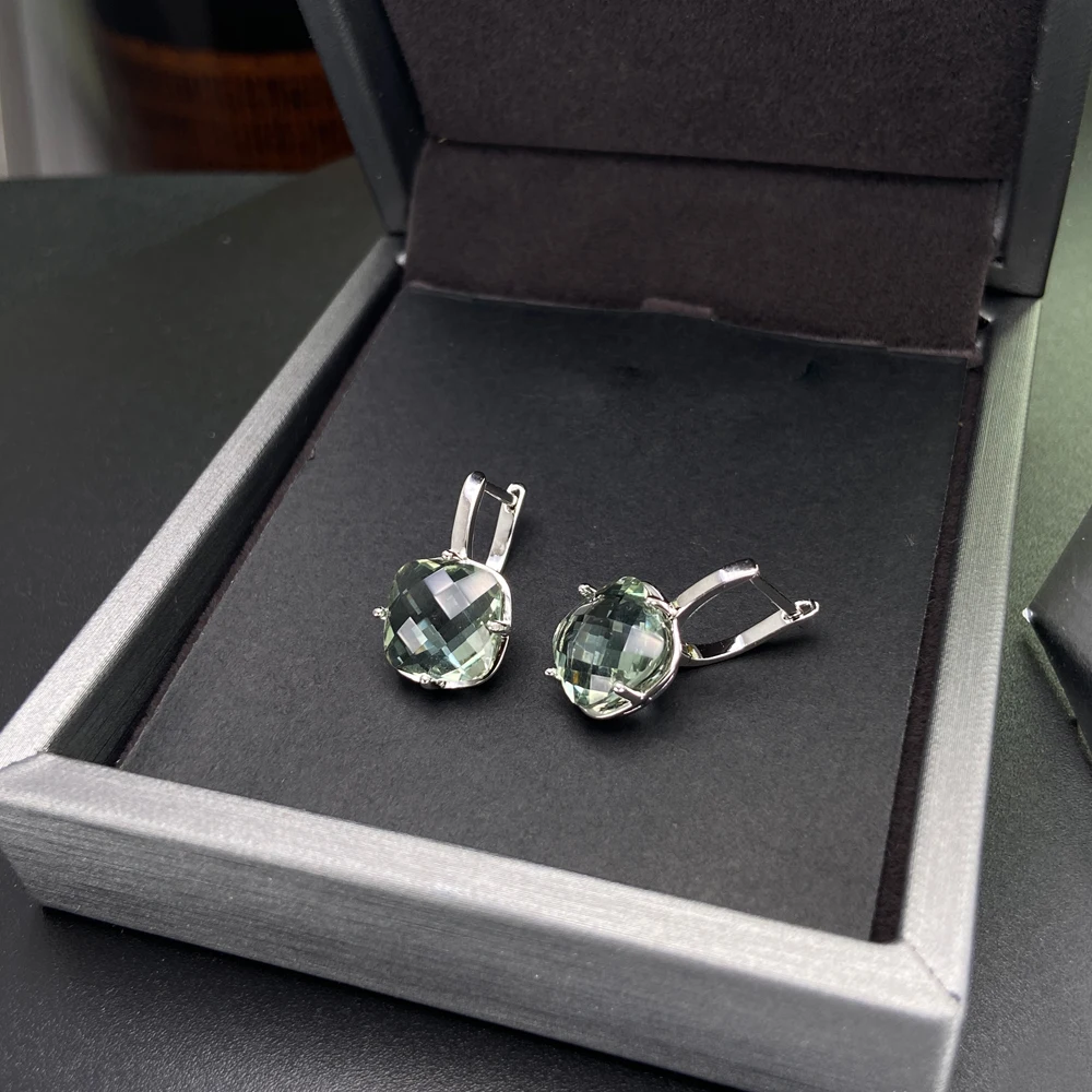 Trendy Green Amethyst Earrings Sterling 925 Silver Gemstone Cushiom Cut 10mm 7Ct Fine Jewelry for Women Lady Party Birthday Gift