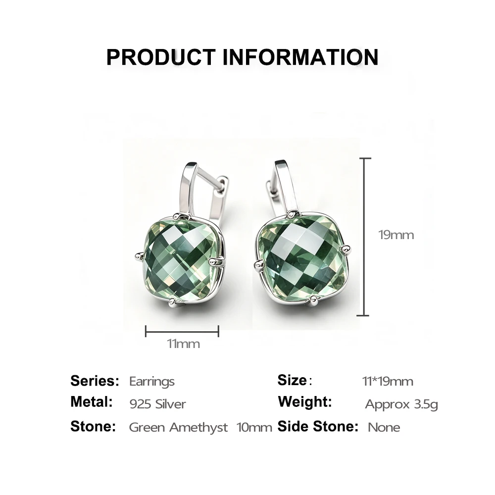 Trendy Green Amethyst Earrings Sterling 925 Silver Gemstone Cushiom Cut 10mm 7Ct Fine Jewelry for Women Lady Party Birthday Gift