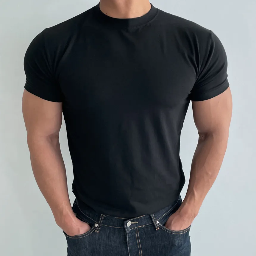 High quality T-shirt men's short sleeve training T-shirt high elastic cotton breathable quick drying round neck solid color Tops