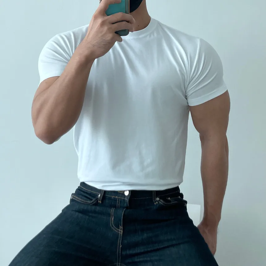 High quality T-shirt men's short sleeve training T-shirt high elastic cotton breathable quick drying round neck solid color Tops