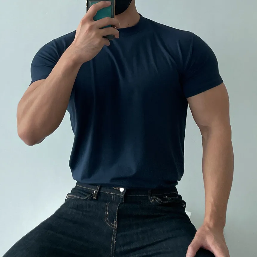 High quality T-shirt men's short sleeve training T-shirt high elastic cotton breathable quick drying round neck solid color Tops