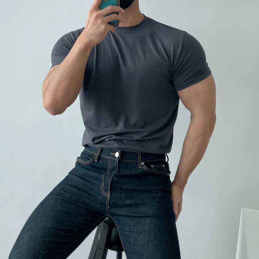 High quality T-shirt men's short sleeve training T-shirt high elastic cotton breathable quick drying round neck solid color Tops