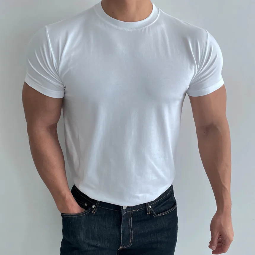 High quality T-shirt men's short sleeve training T-shirt high elastic cotton breathable quick drying round neck solid color Tops