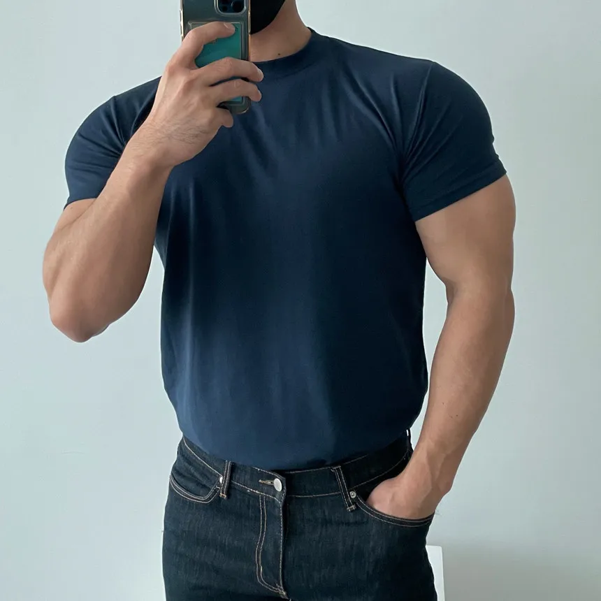 High quality T-shirt men's short sleeve training T-shirt high elastic cotton breathable quick drying round neck solid color Tops