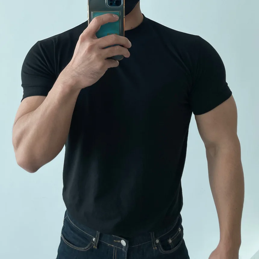 High quality T-shirt men's short sleeve training T-shirt high elastic cotton breathable quick drying round neck solid color Tops
