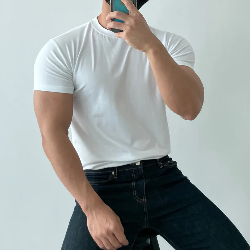 High quality T-shirt men's short sleeve training T-shirt high elastic cotton breathable quick drying round neck solid color Tops