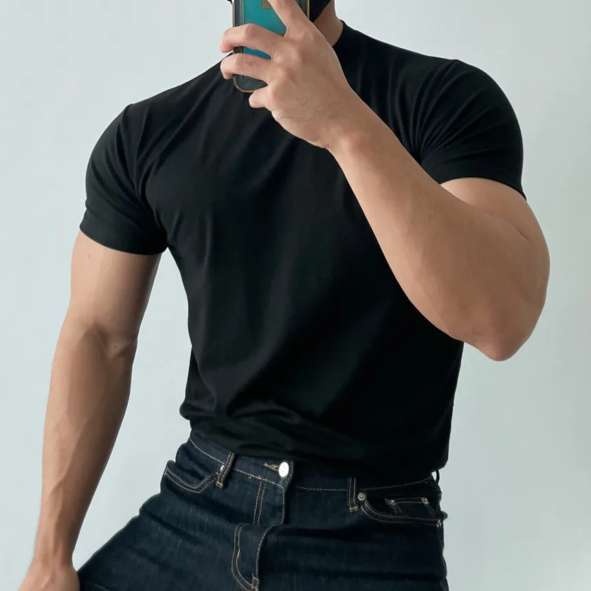 High quality T-shirt men's short sleeve training T-shirt high elastic cotton breathable quick drying round neck solid color Tops