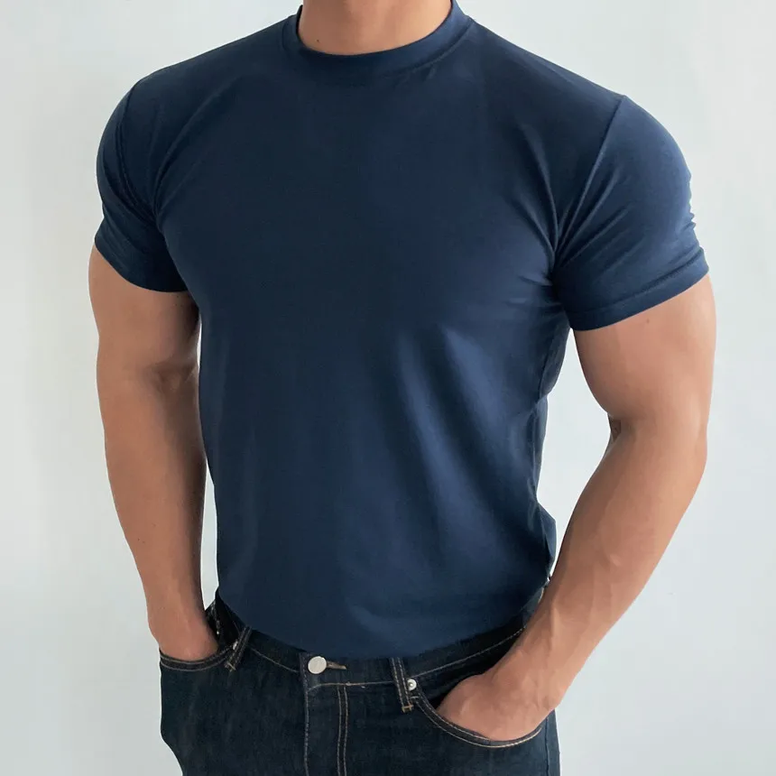 High quality T-shirt men's short sleeve training T-shirt high elastic cotton breathable quick drying round neck solid color Tops