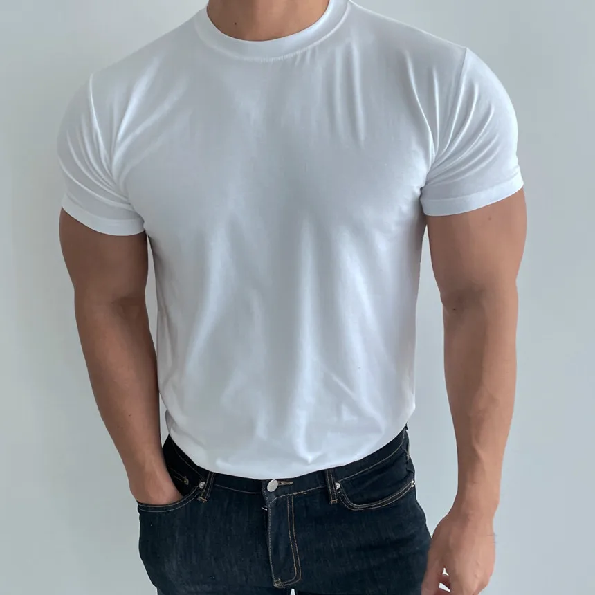 High quality T-shirt men's short sleeve training T-shirt high elastic cotton breathable quick drying round neck solid color Tops