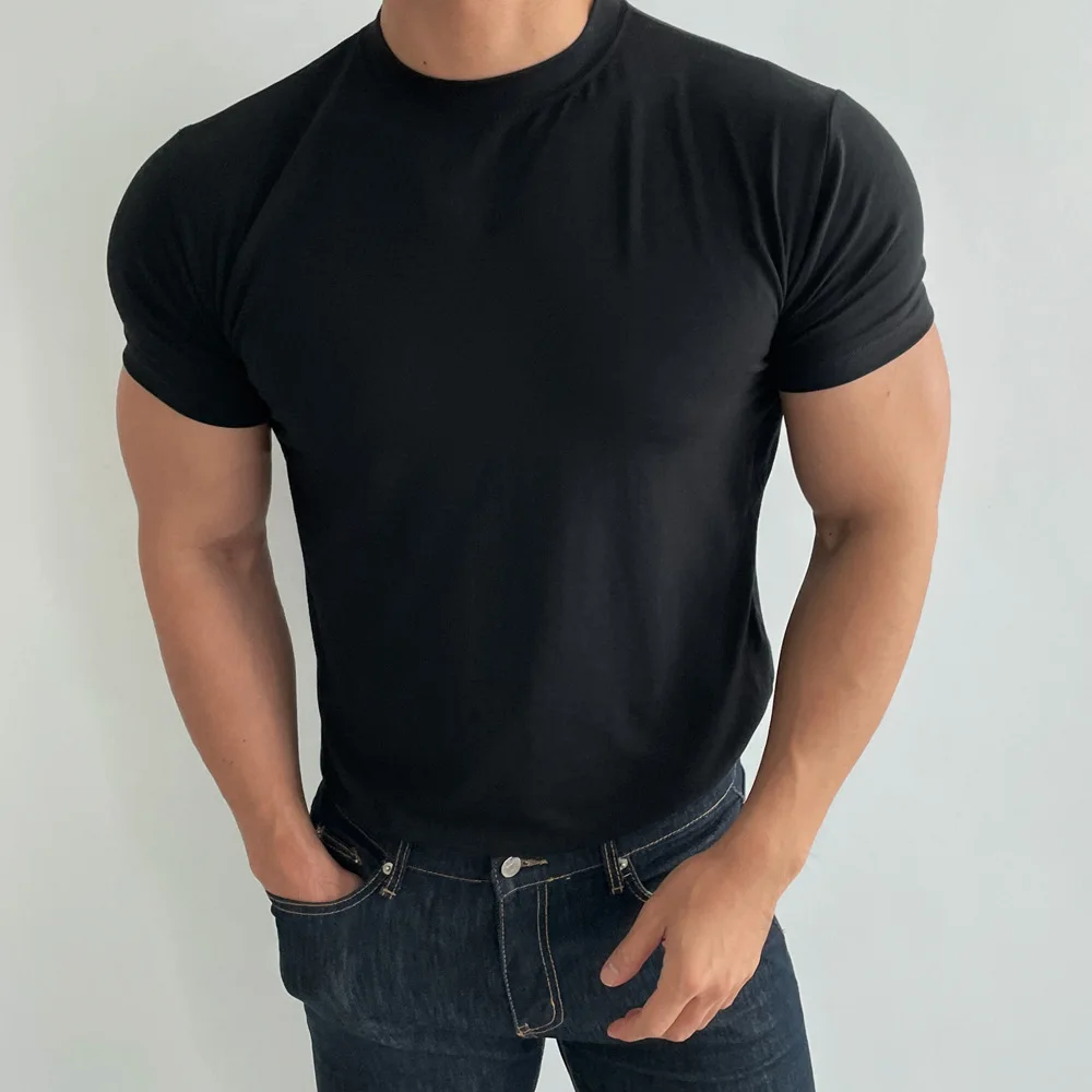 High quality T-shirt men's short sleeve training T-shirt high elastic cotton breathable quick drying round neck solid color Tops