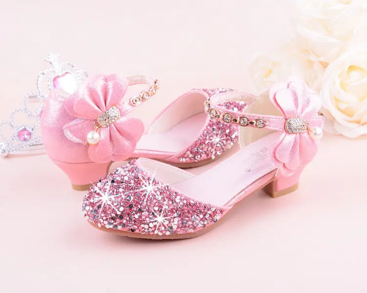 Girls High Heeled Leather Shoes Girls Performance Crystal Single Shoes Children's Sequin Silver Sandals Kids Rhinestone Sandals