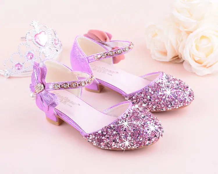 Girls High Heeled Leather Shoes Girls Performance Crystal Single Shoes Children's Sequin Silver Sandals Kids Rhinestone Sandals