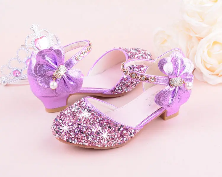Girls High Heeled Leather Shoes Girls Performance Crystal Single Shoes Children's Sequin Silver Sandals Kids Rhinestone Sandals