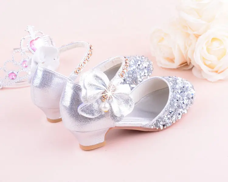 Girls High Heeled Leather Shoes Girls Performance Crystal Single Shoes Children's Sequin Silver Sandals Kids Rhinestone Sandals