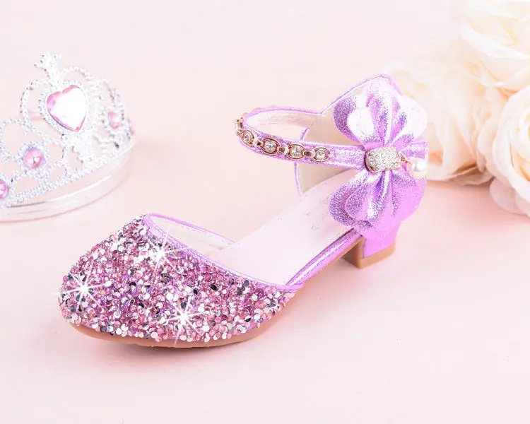 Girls High Heeled Leather Shoes Girls Performance Crystal Single Shoes Children's Sequin Silver Sandals Kids Rhinestone Sandals