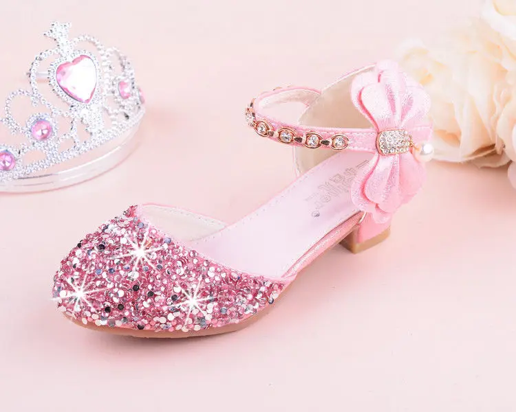 Girls High Heeled Leather Shoes Girls Performance Crystal Single Shoes Children's Sequin Silver Sandals Kids Rhinestone Sandals