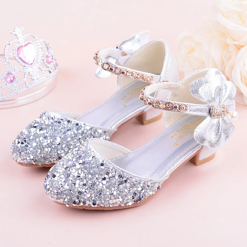 Girls High Heeled Leather Shoes Girls Performance Crystal Single Shoes Children's Sequin Silver Sandals Kids Rhinestone Sandals