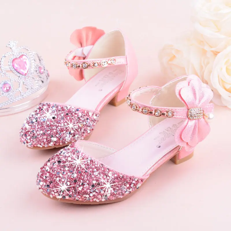 Girls High Heeled Leather Shoes Girls Performance Crystal Single Shoes Children's Sequin Silver Sandals Kids Rhinestone Sandals
