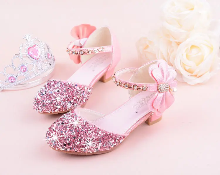Girls High Heeled Leather Shoes Girls Performance Crystal Single Shoes Children's Sequin Silver Sandals Kids Rhinestone Sandals
