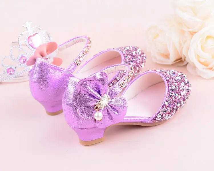Girls High Heeled Leather Shoes Girls Performance Crystal Single Shoes Children's Sequin Silver Sandals Kids Rhinestone Sandals