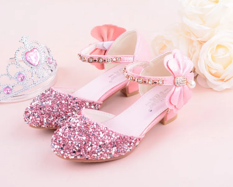 Girls High Heeled Leather Shoes Girls Performance Crystal Single Shoes Children's Sequin Silver Sandals Kids Rhinestone Sandals
