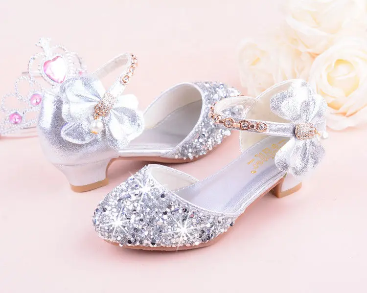 Girls High Heeled Leather Shoes Girls Performance Crystal Single Shoes Children's Sequin Silver Sandals Kids Rhinestone Sandals