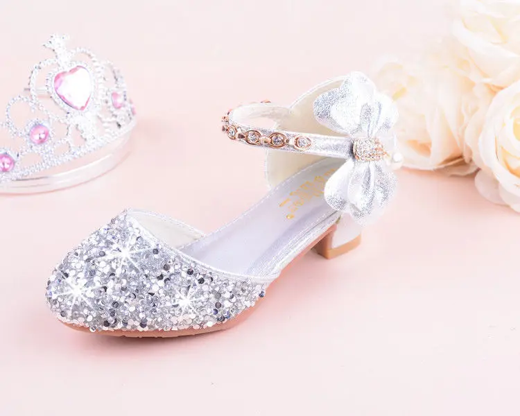 Girls High Heeled Leather Shoes Girls Performance Crystal Single Shoes Children's Sequin Silver Sandals Kids Rhinestone Sandals