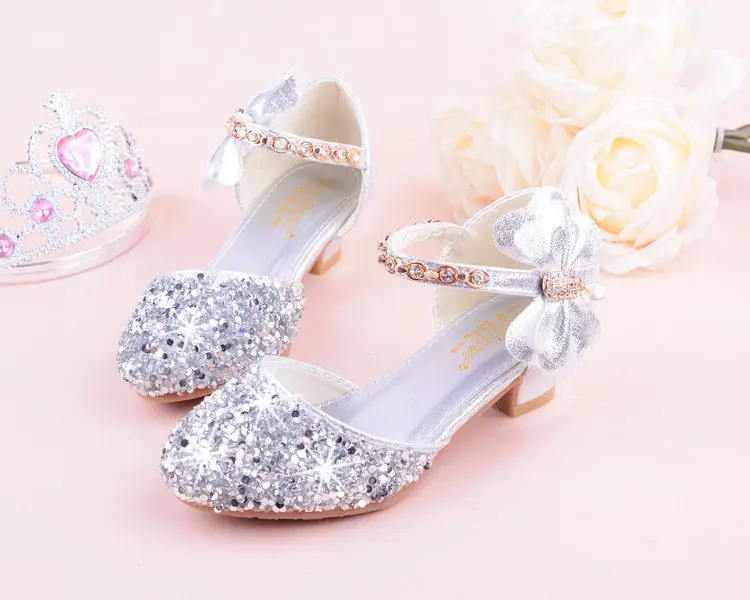 Girls High Heeled Leather Shoes Girls Performance Crystal Single Shoes Children's Sequin Silver Sandals Kids Rhinestone Sandals