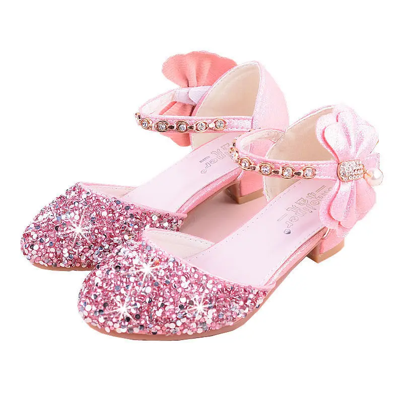 Girls High Heeled Leather Shoes Girls Performance Crystal Single Shoes Children's Sequin Silver Sandals Kids Rhinestone Sandals