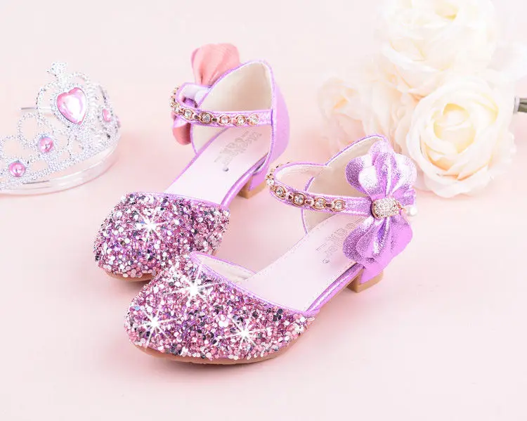 Girls High Heeled Leather Shoes Girls Performance Crystal Single Shoes Children's Sequin Silver Sandals Kids Rhinestone Sandals