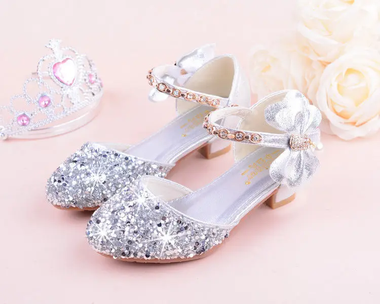 Girls High Heeled Leather Shoes Girls Performance Crystal Single Shoes Children's Sequin Silver Sandals Kids Rhinestone Sandals