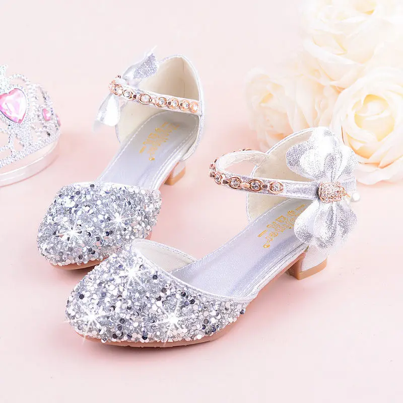 Girls High Heeled Leather Shoes Girls Performance Crystal Single Shoes Children's Sequin Silver Sandals Kids Rhinestone Sandals