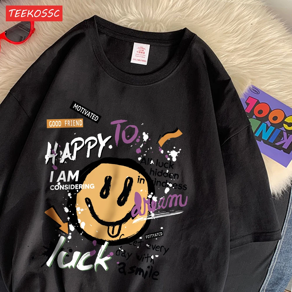 Summer Cotton Women T-Shirts Fun Graffiti Cute Smiling Face Prints Tees Breathable Loose O-Neck Casual Street Female Clothes