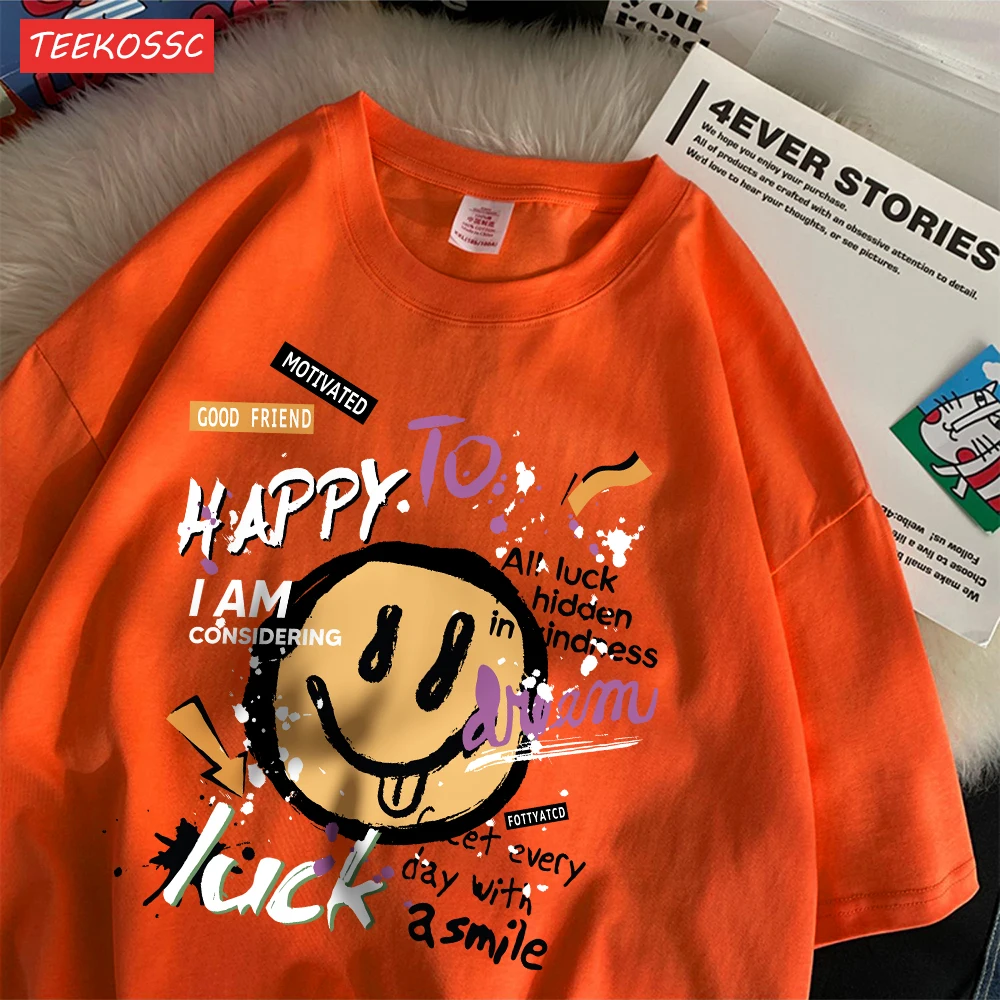 Summer Cotton Women T-Shirts Fun Graffiti Cute Smiling Face Prints Tees Breathable Loose O-Neck Casual Street Female Clothes