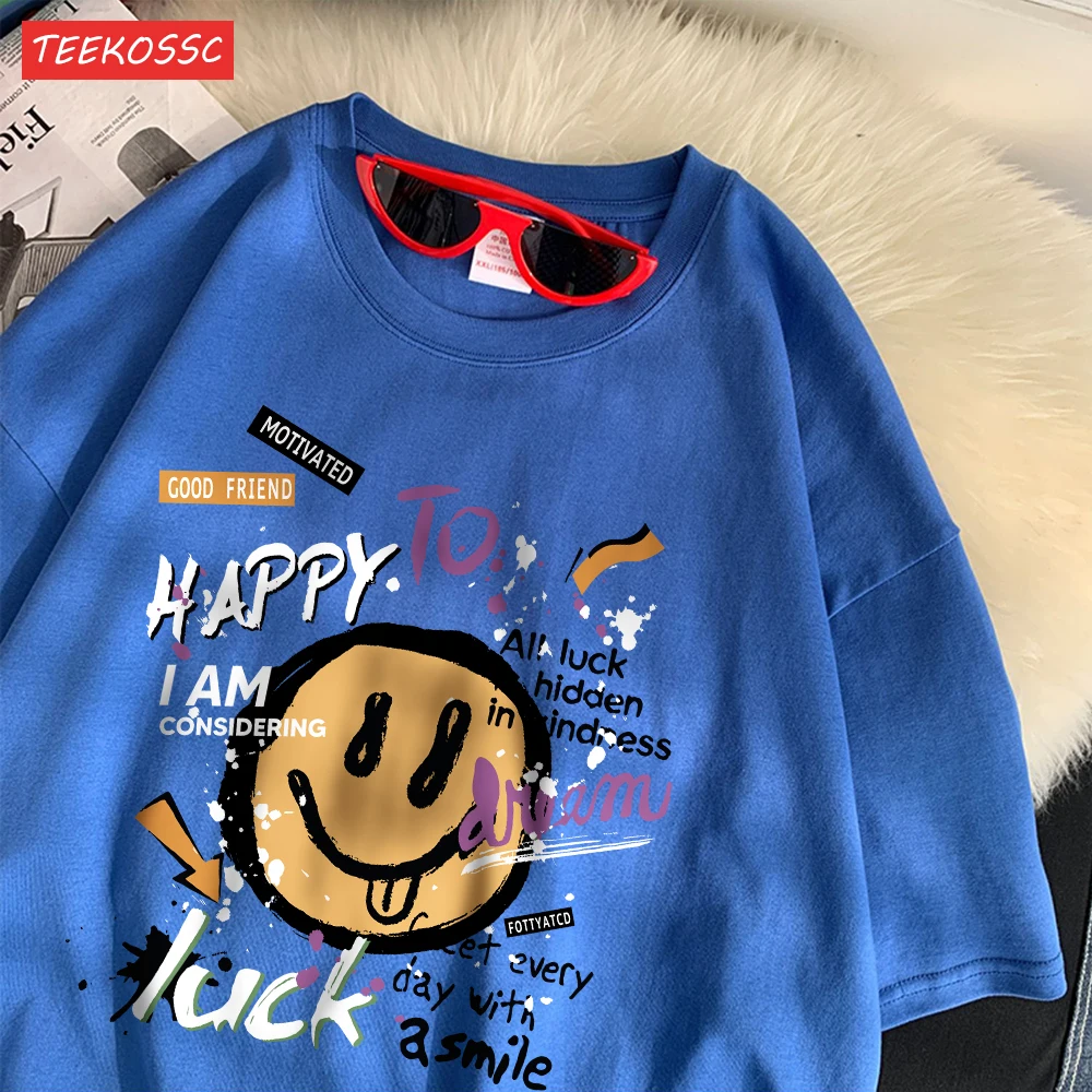 Summer Cotton Women T-Shirts Fun Graffiti Cute Smiling Face Prints Tees Breathable Loose O-Neck Casual Street Female Clothes