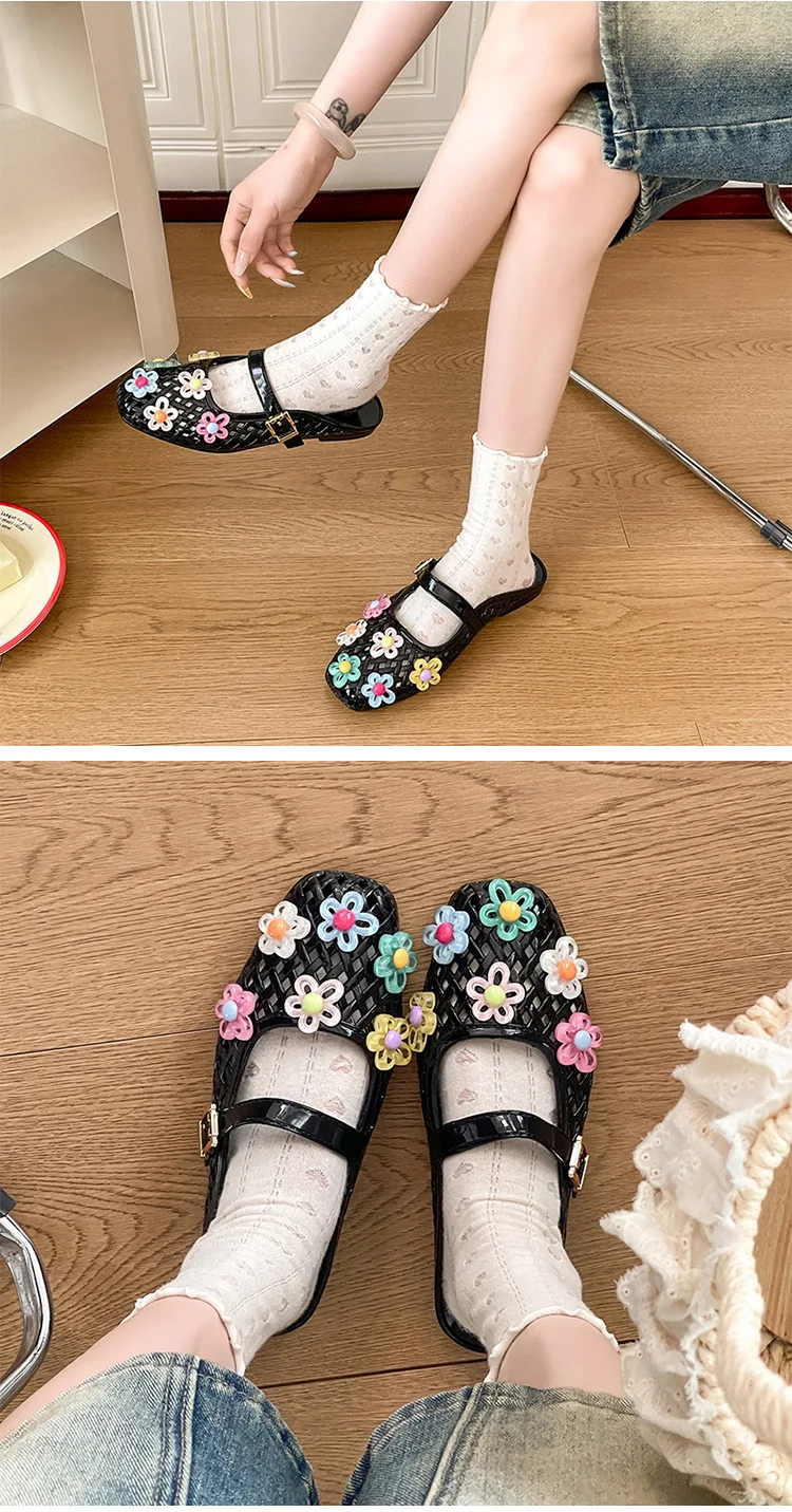 Summer Fashionable Jelly Slippers Women's Koreano Colorful Flower Crystal Mules Shoe Woman Trend Buckle Transparent Flat Sandals