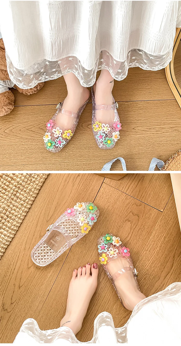 Summer Fashionable Jelly Slippers Women's Koreano Colorful Flower Crystal Mules Shoe Woman Trend Buckle Transparent Flat Sandals