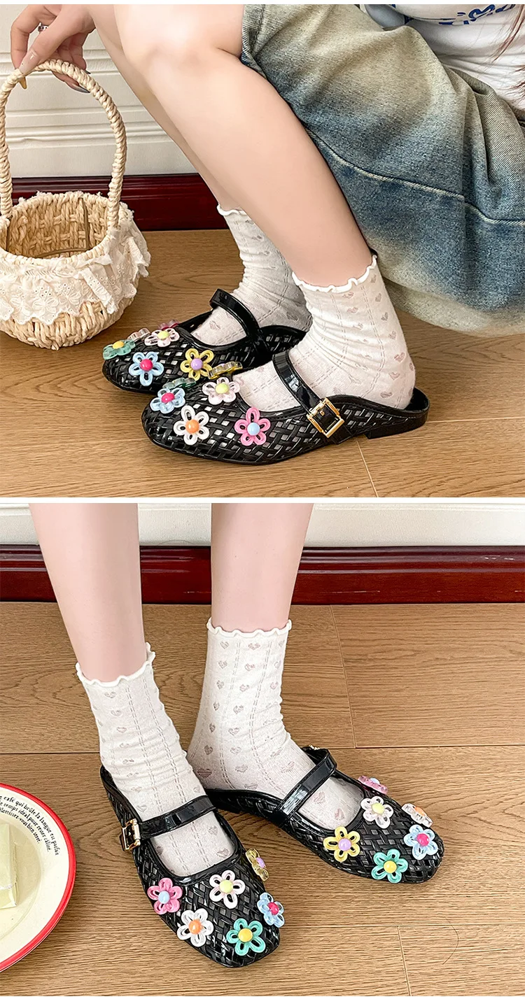 Summer Fashionable Jelly Slippers Women's Koreano Colorful Flower Crystal Mules Shoe Woman Trend Buckle Transparent Flat Sandals