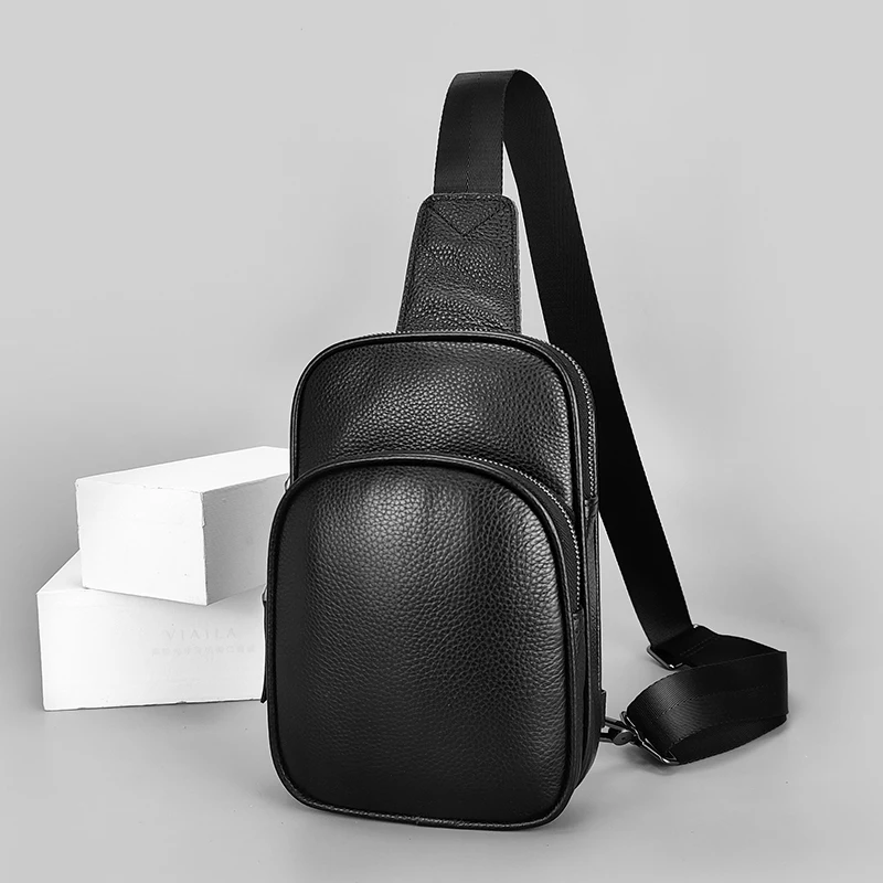 Genuine Leather Small Sling Bag Casual Crossbody Shoulder Chest Cell Phone Purse Fanny Packs Gifts for Women Men Black