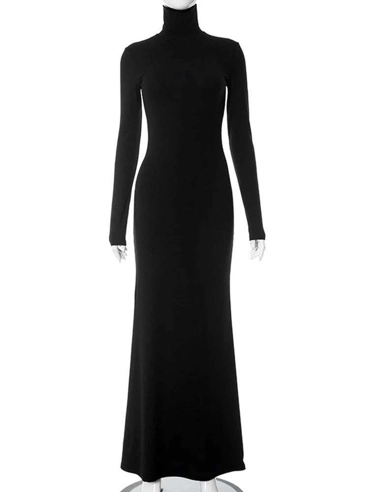Huhugirl Elegant Dresses For Women Fashion Sexy Solid Turtleneck Full Sleeves Sheath Long Vestidos Robes Female Party Regular