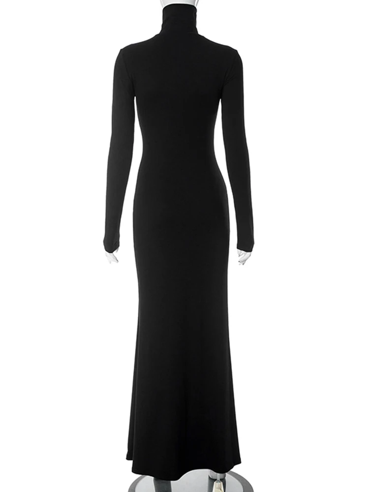 Huhugirl Elegant Dresses For Women Fashion Sexy Solid Turtleneck Full Sleeves Sheath Long Vestidos Robes Female Party Regular