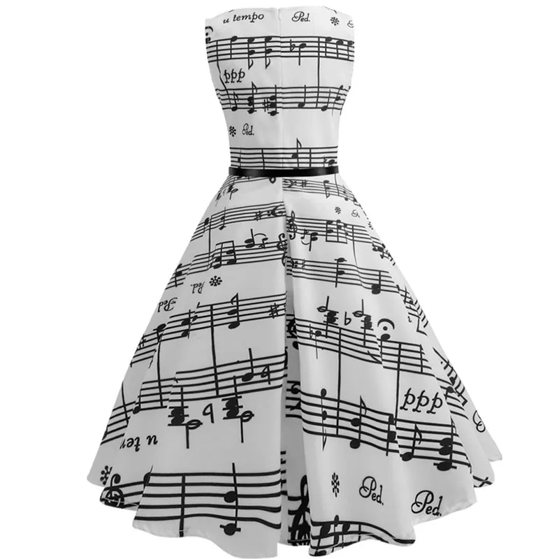 Women's Summer Music Note Print Sleeveless Midi Dress Vintage O-Neck Retro Swing Casual Robe Vestidos